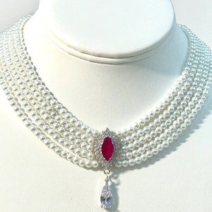 Swarovski White Pearls Necklace with Dark Mauve/Pink  Delicate Center Pendant